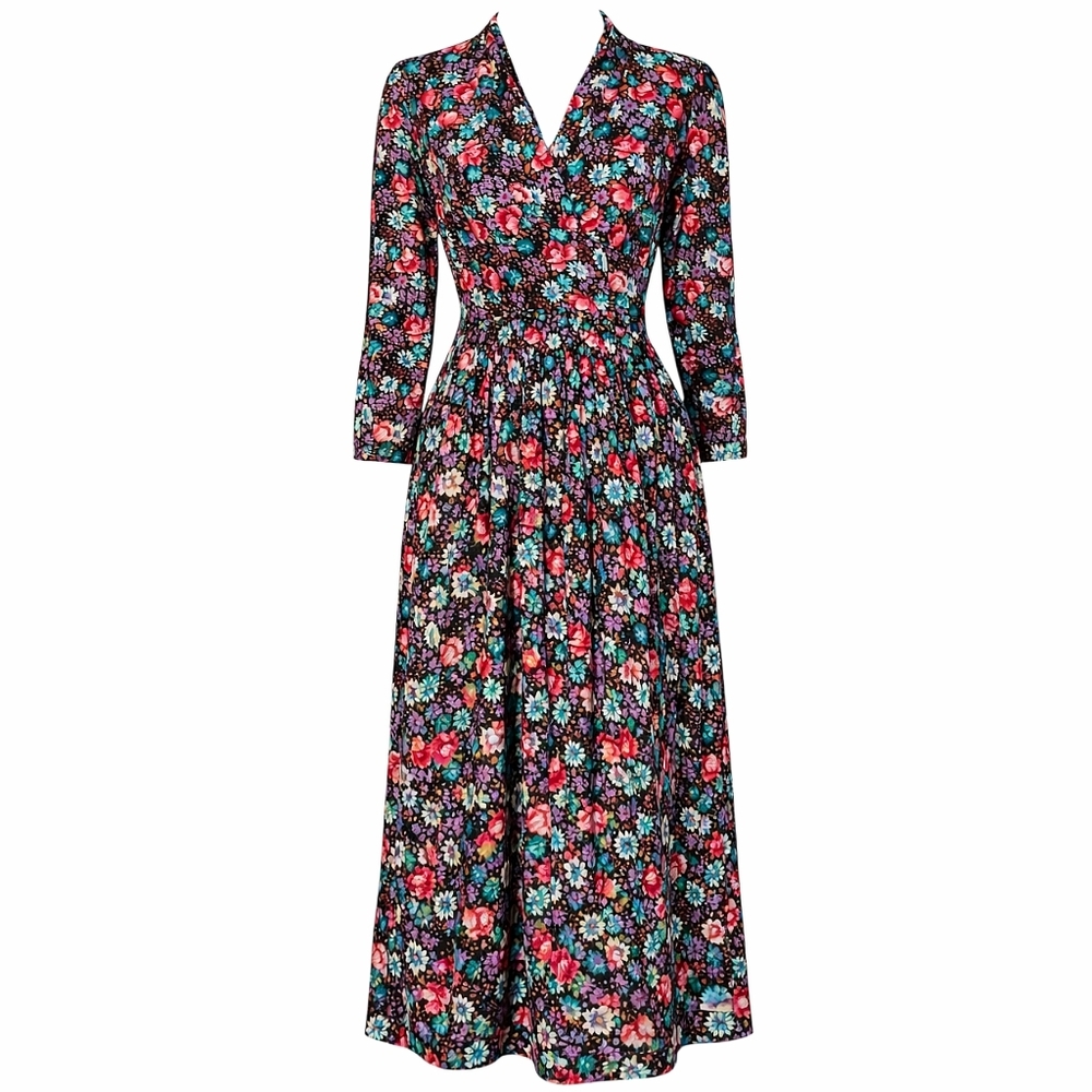 Vintage 80s Dark Floral Maxi Dress | Size M | Cottage Noir Romance